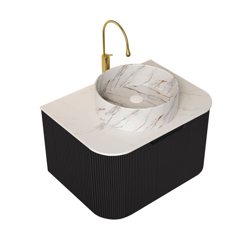 Meuble-lavabo de salle de bain 24 po avec lavabo, lavabo à fixation murale à bords arrondis flottants avec tiroir, lavabo en céramique blanc avec motif de pierre, pré-assemblé, noir