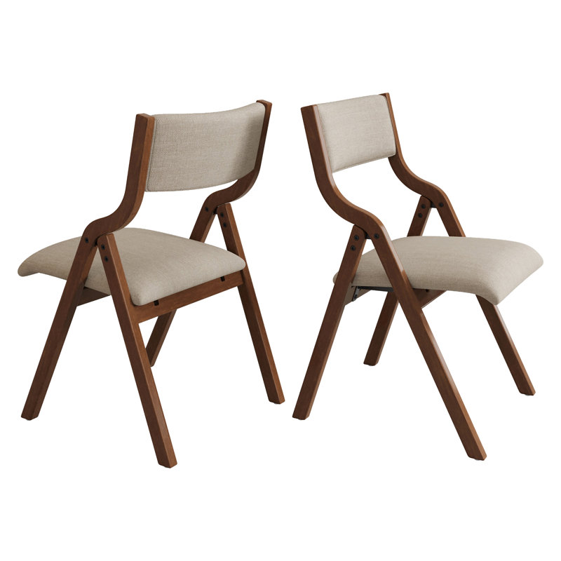 Set Of 2 Upholstered Folding Dining Chairs In Cream Taupe And Walnut, Space-saving, Easy To Carry, No Assembly Required
