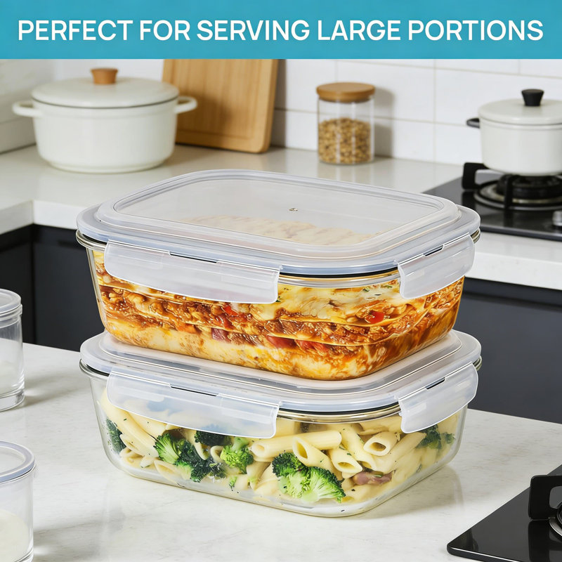 Grands contenants en verre pour aliments avec couvercles hermétiques - Paquet de 2 contenants de préparation de repas 76,4 oz pour four, micro-ondes, congélateur et lave-vaisselle, étanches et empilables