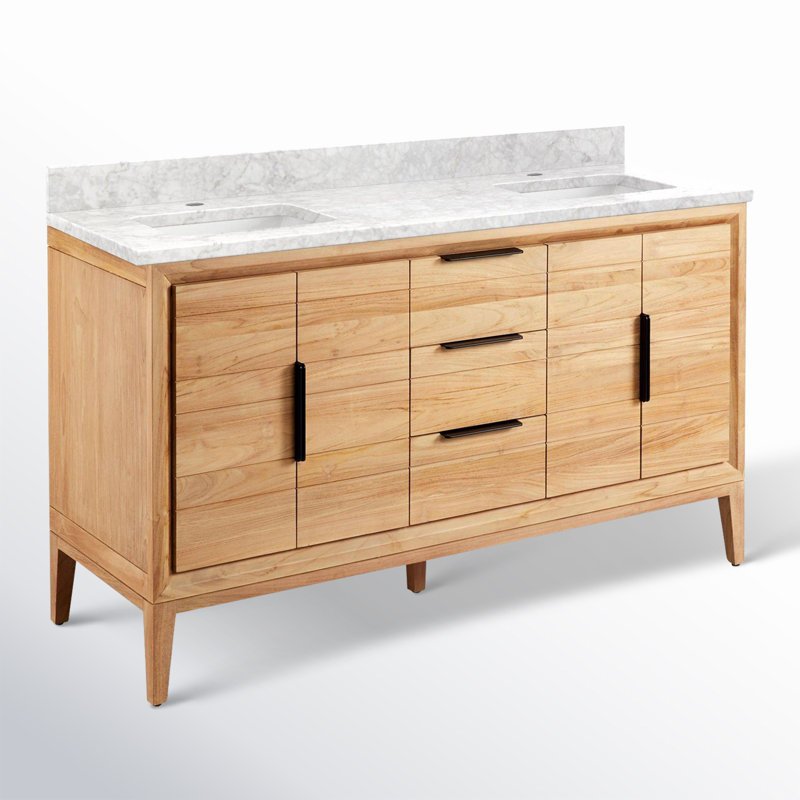 Aliso 60" Double Bathroom Vanity, Carrara Marble, Single-Hole Centered, Natural Teak