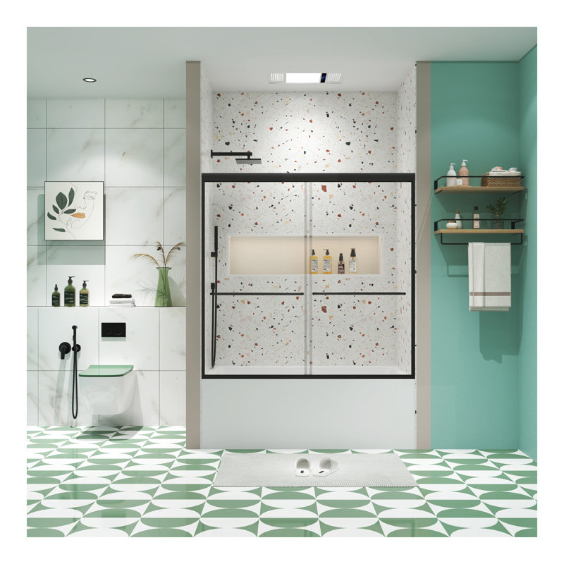 Bathtub Bypass shower door, sliding door, with 1/4" tempered glass and 56"-60"x58", Matte Black