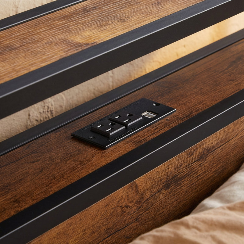 Twin Size Metal Platform Bed Frame – Wooden Headboard/Footboard, LED Lights + USB Liner 