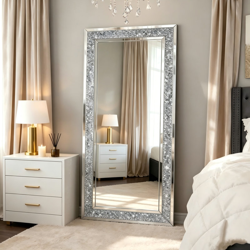 Crushed Diamond Rectangular Full Length Mirror, Wall Mounted & Freestanding