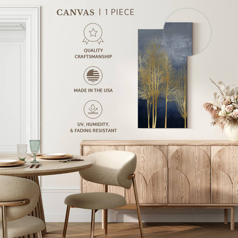 Arbres dorés sur panneau bleu I, H 24 po x l 12 po