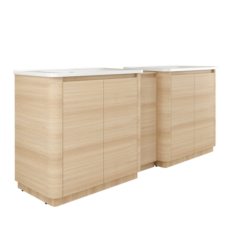 Meuble-lavabo autoportant de 213 cm avec lavabo en céramique blanche, 1 petite armoire de rangement et porte à fermeture douce