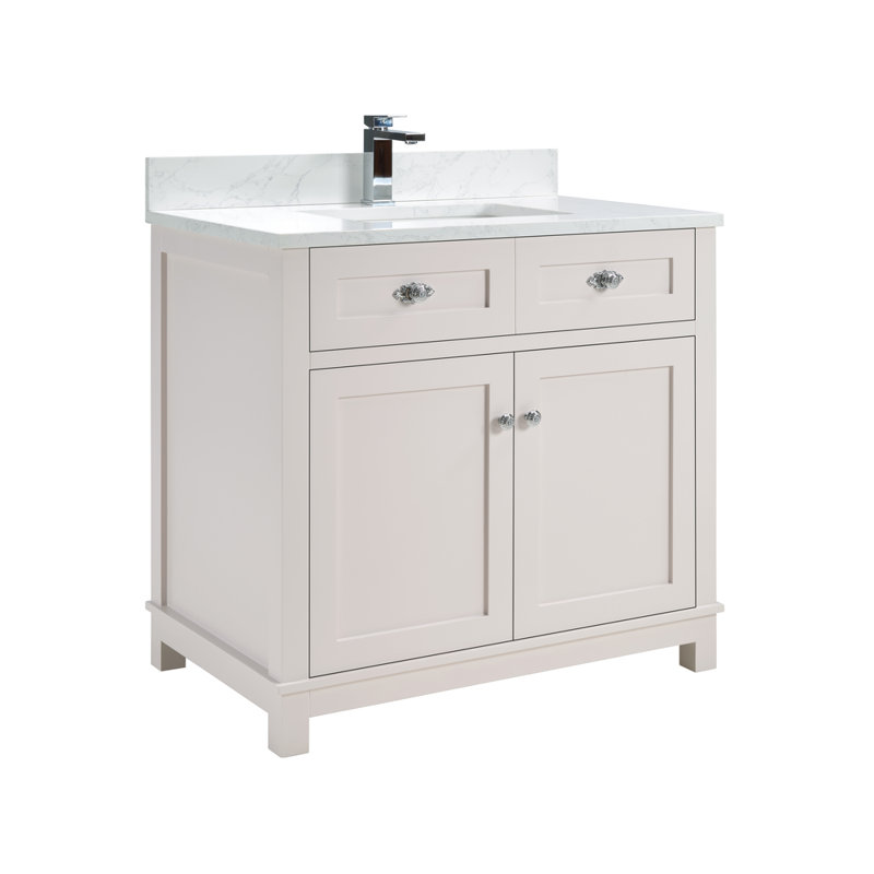 36" Solid Wood Sink Vanity With 1' Artificial Stone Top, Dreamy White, Polished Chrome