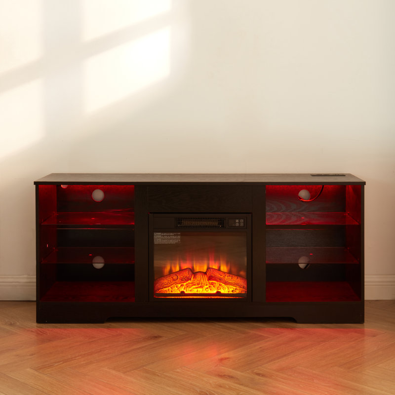 58"electric Fireplace Tv Stand With Led Lights & Usb Charging Outlets, 2-in-1 3d Fireplace Media Console With Glass Shelves, Cable Management For Tvs Up To 62"