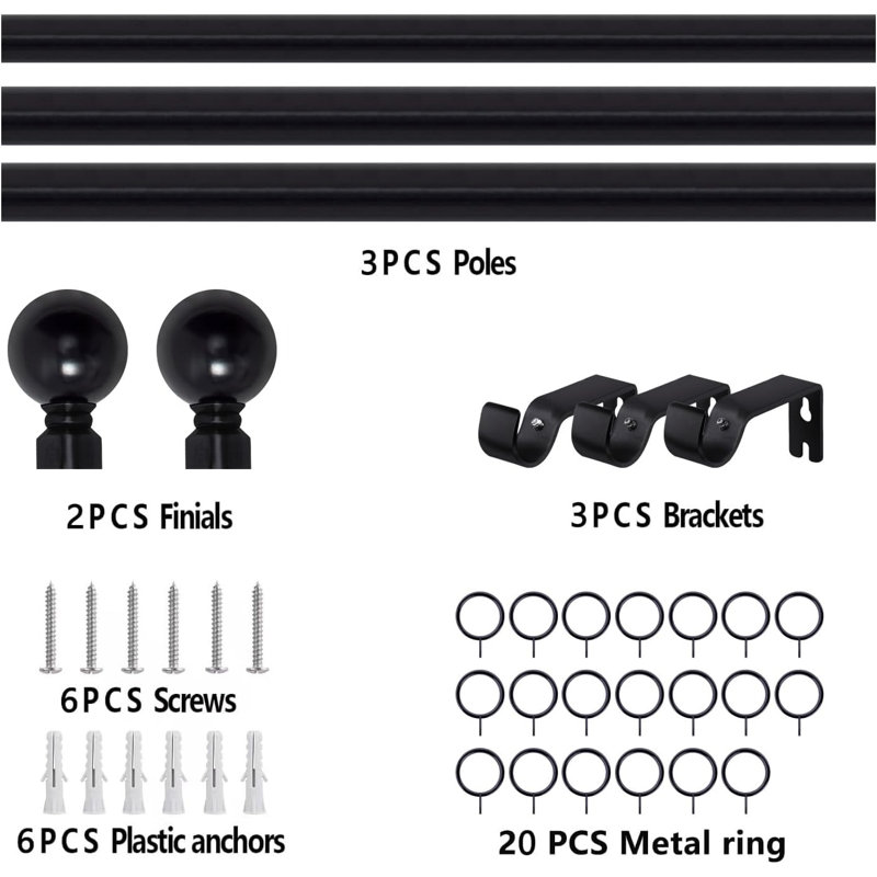 Aspire Homeware Adjustable Plain Metal Ball Curtain Rod With Hardware Accessories, 120cm – 210cm, Matte Black
