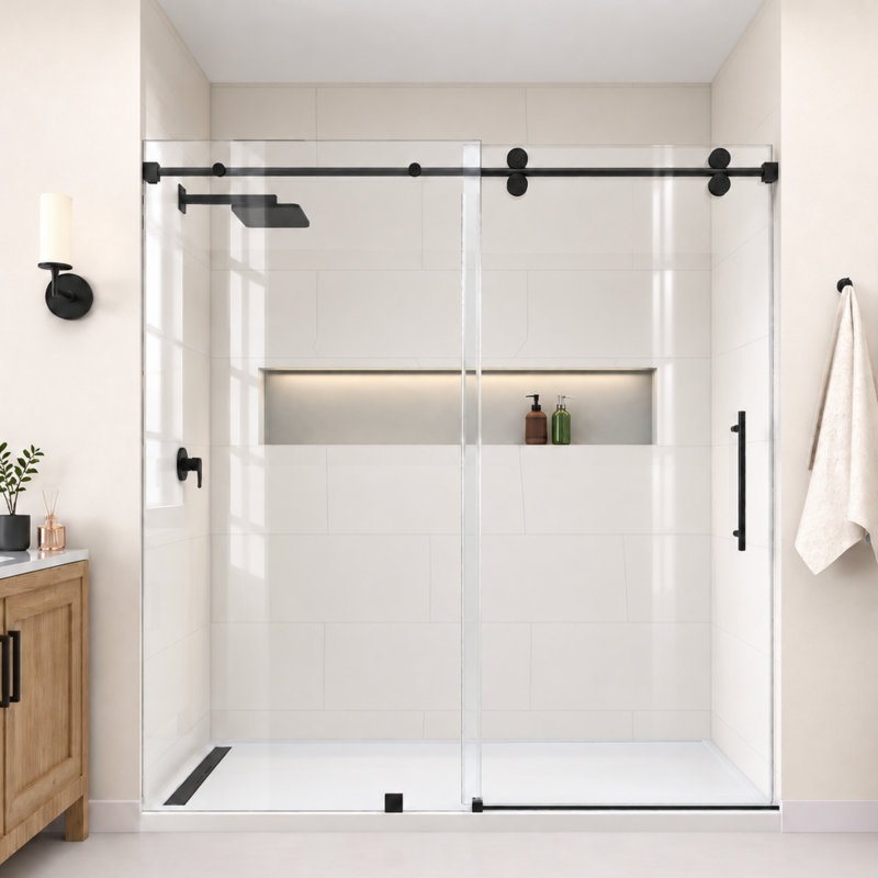 Radiance 56"-60"W x 79'' H Single Sliding Frameless Shower Door in Matte Black with 3/8" Clear Glass, Matte Black