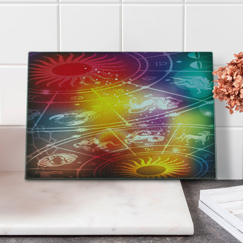 Ambesonne Astrology Tempered Glass Cutting Board Rainbow Colored Chart Multicolor