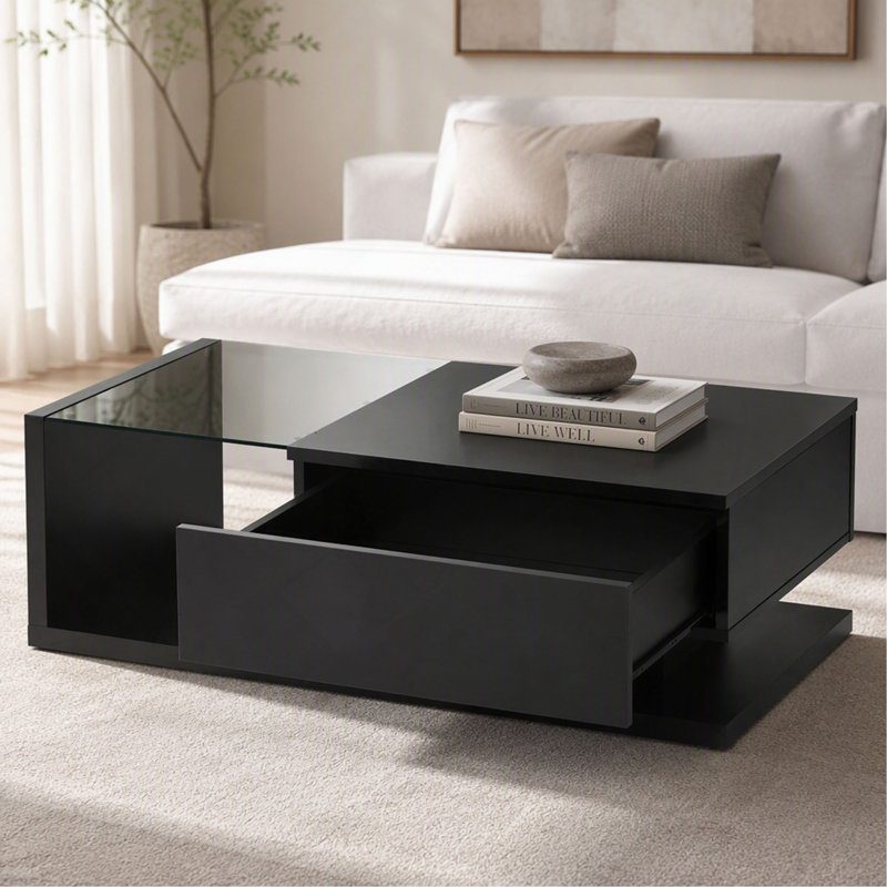 Table basse - Verre trempé - Surface UV ultrabrillante - 2 niveaux - Rectangle - Noir - Moderniste, Noir