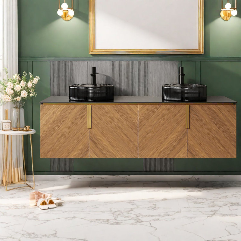 Élégants meubles-lavabos modernes de 60 po avec rangement, lavabo en verre durable et armoire en bois de chêne pour la salle de bain