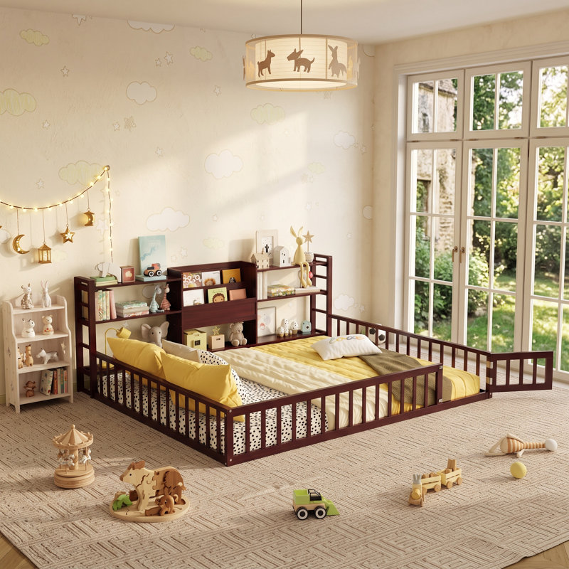 Lit de clôture pour enfants Kittredge avec bibliothèque intégrée et tablettes de rangement à 3 niveaux pour un sanctuaire douillet et organisé