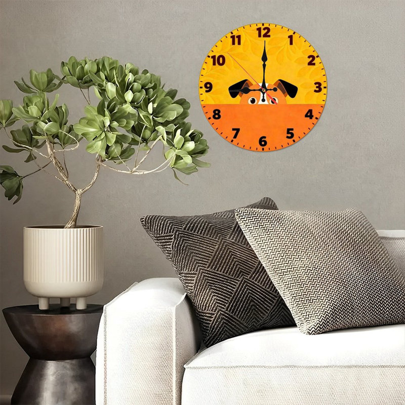10" Round Wooden Wall Clock, Silent Quartz Movement, UV-Printed Design, Battery Operated, Puppy