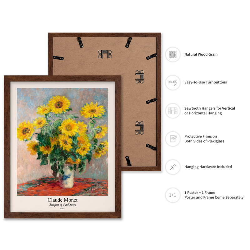 Claude Monet - Bouquet de tournesols, Poster, 08"H x 10"W, Brown Framed