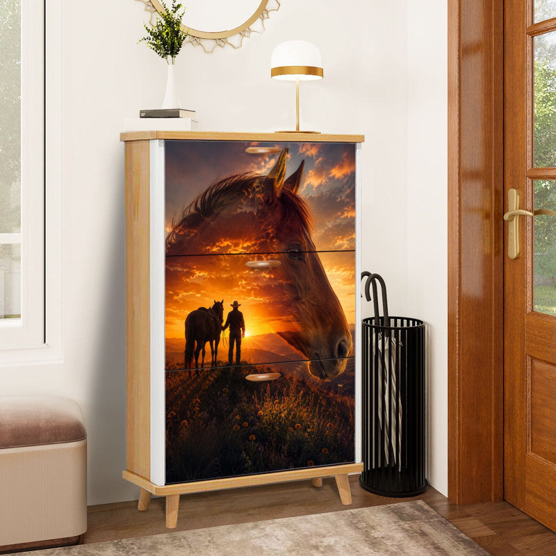 Armoire de rangement pour chaussures avec 3 tiroirs rabattables pour une double exposition majestueuse tête de cheval Cowboy Sunset Mountain Range-chaussures