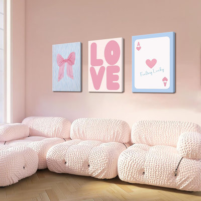 Ensemble d'édredon rose et bleu BCBG 3 Coquette Girl Bow Wall Decor photos Trendy Girly Love, affiche sur toile, reproduction d'art pour salon, chambre à coucher, encadré 12 po x 16 po