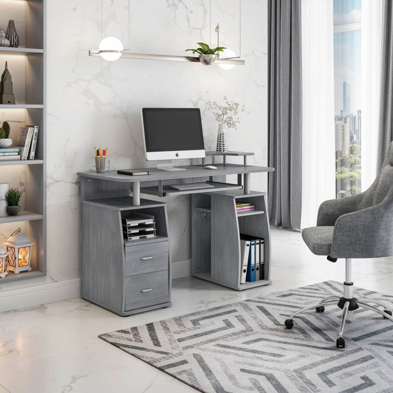 Bureau d'ordinateur gris multifonctionnel avec tiroirs de rangement, plateau pour clavier et compartiment pour unité centrale