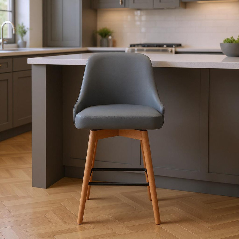 Orfield Modern Swivel Counter or Bar Height Upholstered Armless Bar Stool with Footrest in Wood, Walnut/Black, Gray