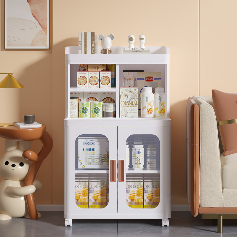 Abdullah Foldable Storage Cabinet with Shelves, Clear Double Doors & Rolling Wheels