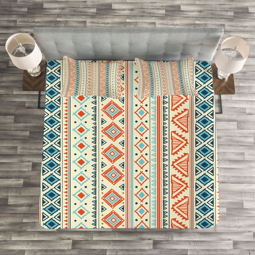 Gestepptes Bettdecken-Set, Mexican Aztec Muster, Stammes, Elfenbein Orange und Blau