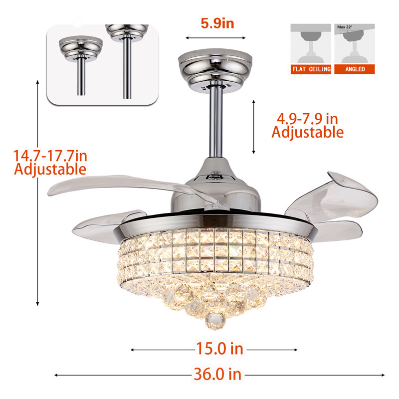 36" Chrome Crystal Ceiling Fan Chandelier with Remote Control