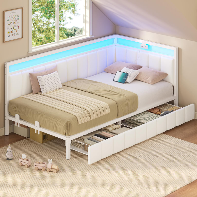 Corner bed frame with storage drawers, sofa bed with metal upholstered frame, bed unit with LED lights and charging station, modern bed frame (beige)