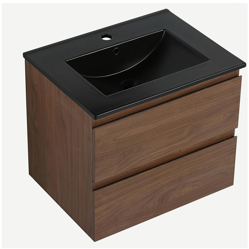 Coiffeuse murale avec lavabo en céramique et 2 tiroirs à fermeture en douceur, Noir, Chêne brun, 24"