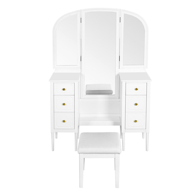 Ensemble de coiffeuse avec miroir triple, ensemble de coiffeuse à 6 tiroirs, tabouret et miroir de chambre pleine grandeur Idée de cadeau