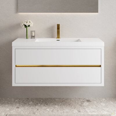 48" Wall-Mounted Bathroom Vanity With Sink, Floating Bathroom Storage Cabinet With Stone Resin Countertop And Soft Close Drawers Fully Assembled