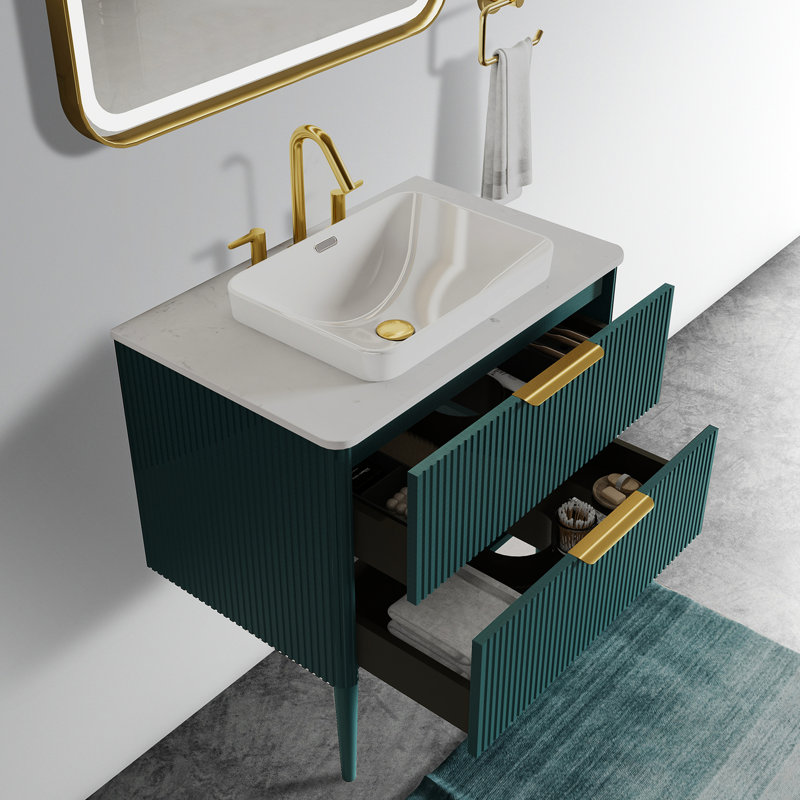Meuble-lavabo à rayures Aquamarine - 30 po avec lavabo en céramique, esthétique moderne, rangement double, panneaux de durabilité à long terme 30 po, rayé, unité autoportante et élégante