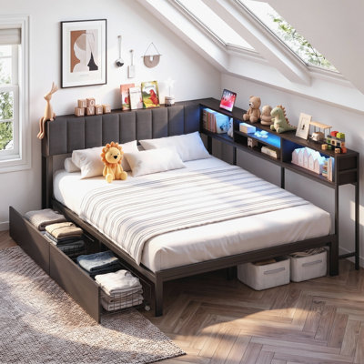 Corner Bed Frame with Headboard, Full Size Bed Frame with 2 Drawers and Storage Bookcase, Daybed with Charging Station and Smart RGB LED Lights