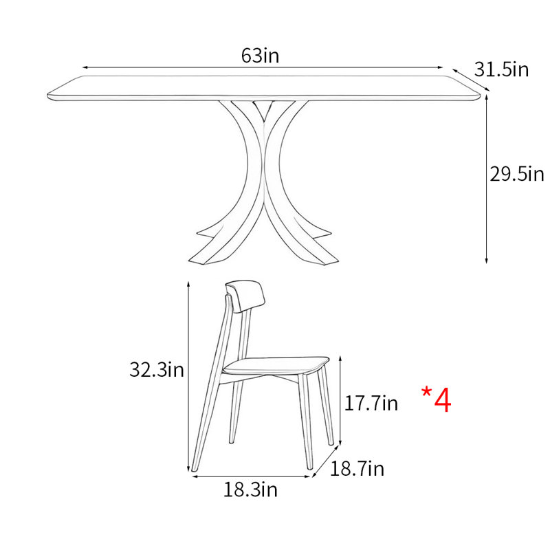 Italian style simple rectangular dining table sets, 29.5"H x 63"L x 31.5"W