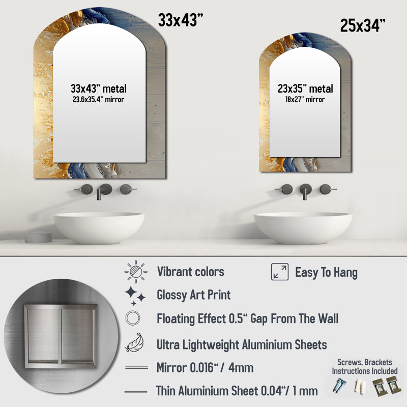 Rhythmic Golden Ink Waves Fusion I - Maze Asymmetrical Large Wall Mirror, Modern Arch Unique Mirror, Printed Metal Art