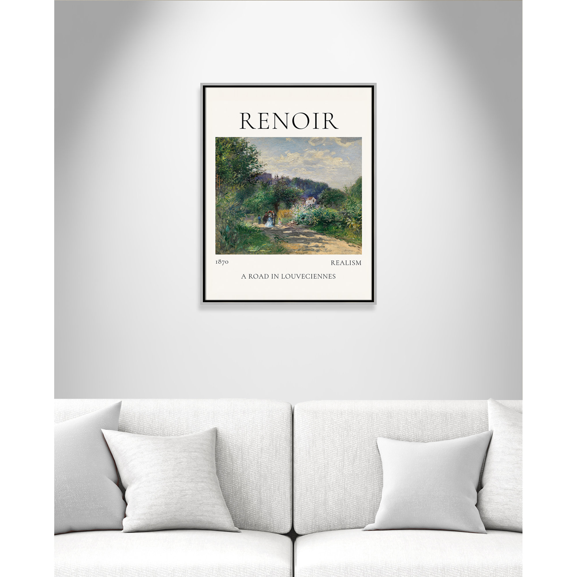Old Masters Collection " A Road In Louveciennes " by Auguste Renoir, Silver Floater Frame, 29.5" H x 23.5" W x 2" D, No