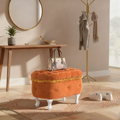 Repose-pieds de rangement moderne capitonné, repose-pieds avec compartiment caché et pieds en bois, décoration à pampille pour les couloirs, la chambre à coucher et le salon