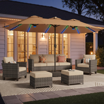 14.5Ft Double-Side Patio Umbrella With Base And Solar Lights, Outdoor Market Umbrella With Crank Handle, Rectangle Umbrella With 38 Rgb Lights For Backyard Pool Garden Deck