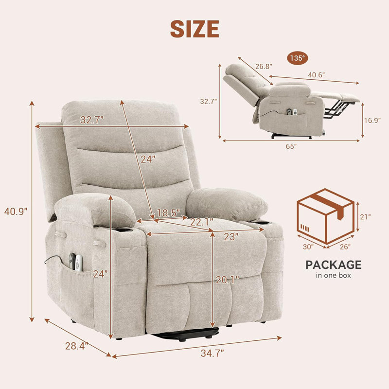 Oversized Power Lift Recliner Chair for Elderly, Electric Reclining Sofa with Heat, Massage, and 2 Cup Holders, Single Glider Recliner for Living Room