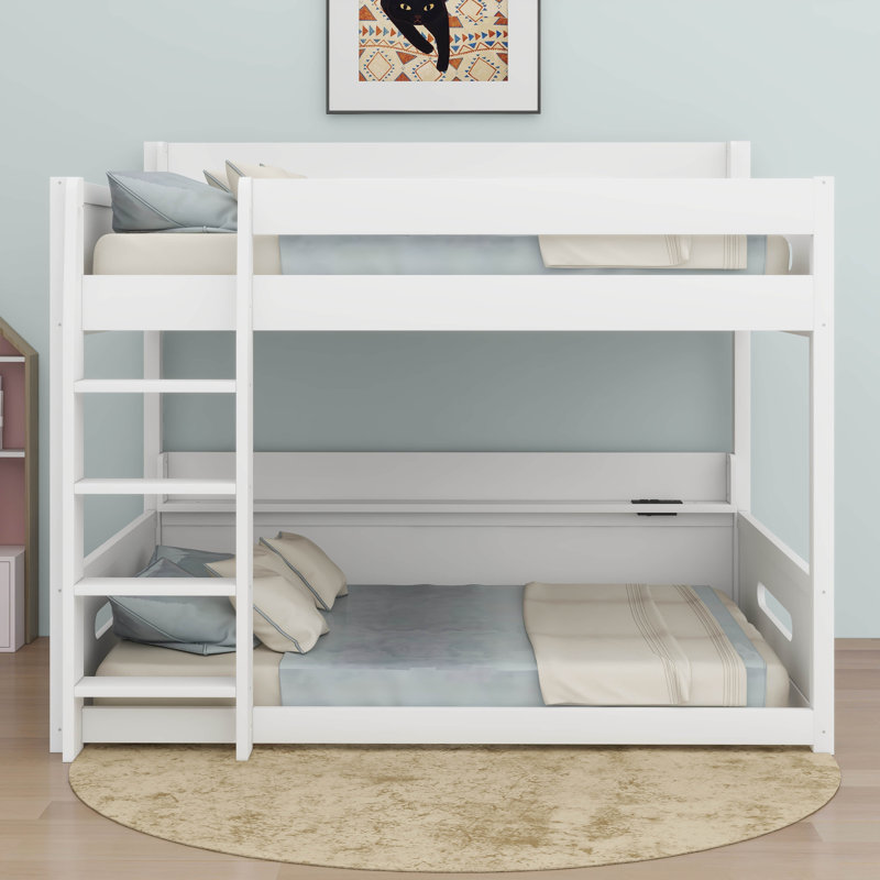 Queen Over Queen Bunk Bed With Storage Shelves & USB Ports, White