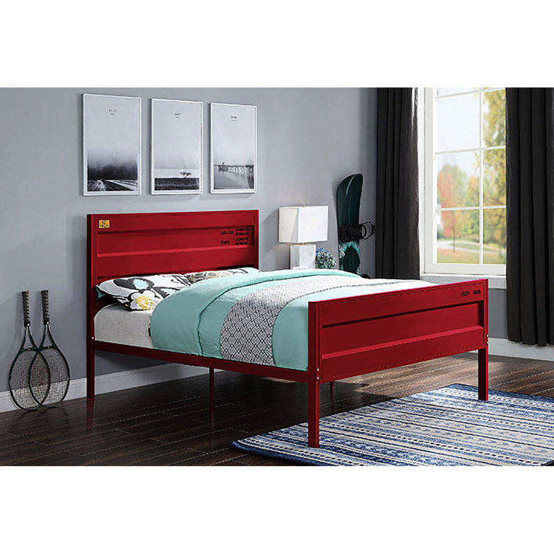 Red Iron Full Platform Bed, Industrial Inspired Aesthetics, Rectangular Head And , No Box Spring Size Style Theme, Headboard & Required