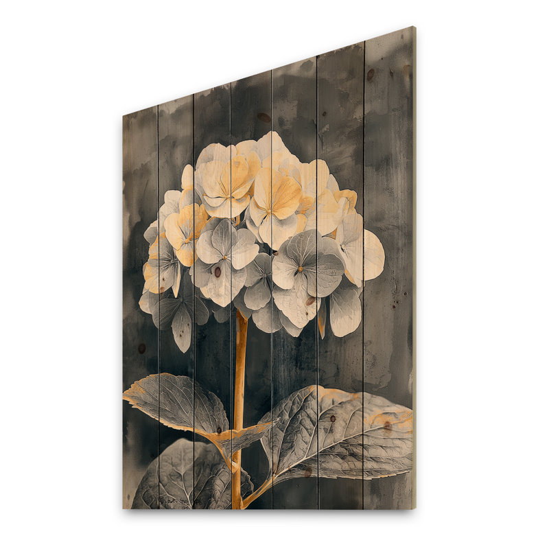 Monochrome Hydrangea With A Winter Stem II - Hydrangea Wood Wall Decor - On Natural Pine Wood, 20" H x 10" W x 0.78" D