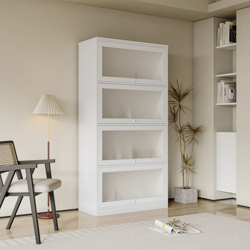 Bookcase Contemporary Closed Back Glass Doors Office Storage Cabinet,Sideboard,Bookcase,Book Shelf, White
