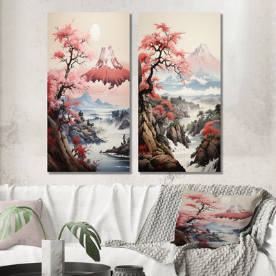 Rose, Japon, montagne, printemps, cerisiers en fleurs, ensemble de 2 impressions sur toile japonaises