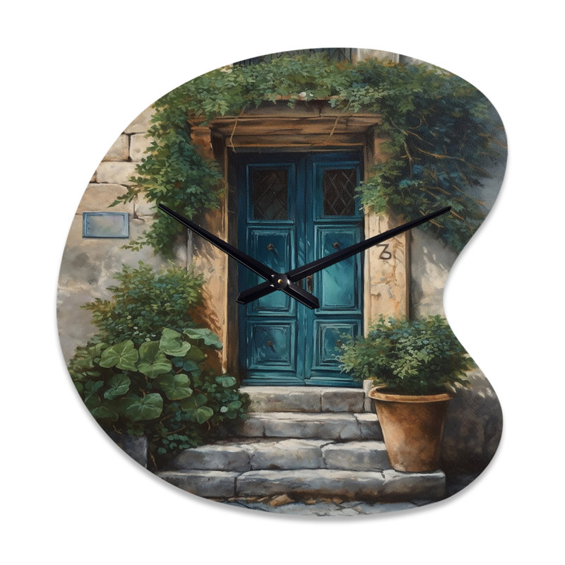 Bleu et beige Nature's Front Door Greeting II - horloge murale asymétrique en métal de porte de ferme, impression d'horloge murale de forme unique traditionnelle