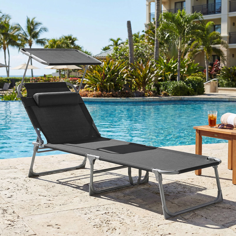 Sun Lounger, Deck Chair Folding, Sunbed, 76 X 20.9 X 11.4 Inches, Max. Load 330 Lb, With Sunshade Headrest Adjustable Backrest, For Terrace Pool Garden, Dark Gray