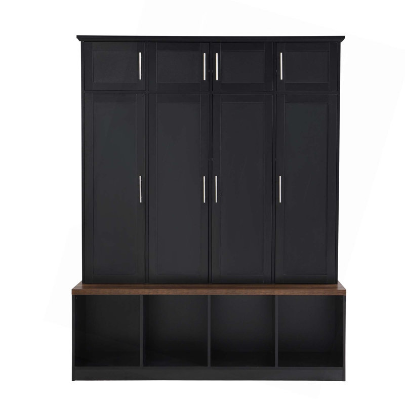 Versatile Hall Tree With 4 Hanging Hooks,Brown Wood Grain Bench With Multiple Storage Space,Entryway Cabinet With Open Compartments For Living Room,Hallway