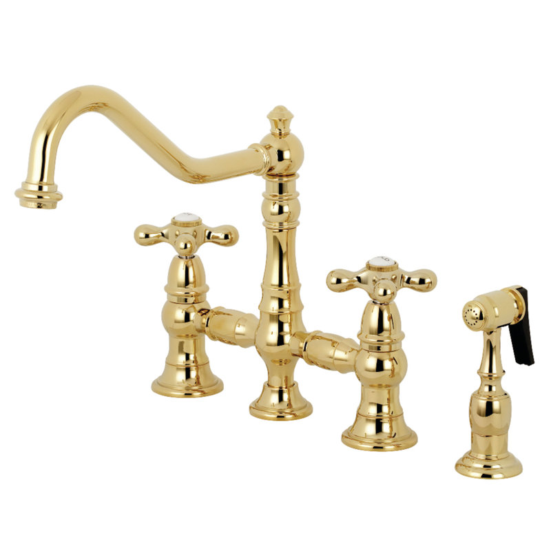 Kingston Brass Restoration Two-Handle 4-Hole Deck Mount Bridge Kitchen Faucet with Brass Side Sprayer, Polished Brass