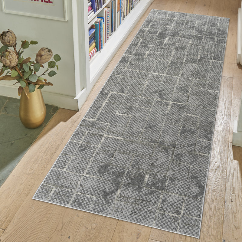 Trevi Zalo Modern Abstract Cross Hatch Gray Ivory Polyester Area Rug, Runner 2'7" x 8'