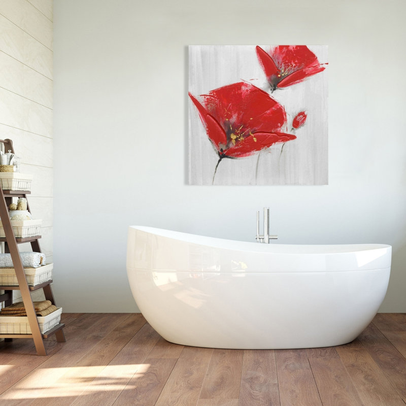 Trois fleurs rouges avec centre doré - art floral sur toile, H 36 po x l 36 po, Gris / rouge