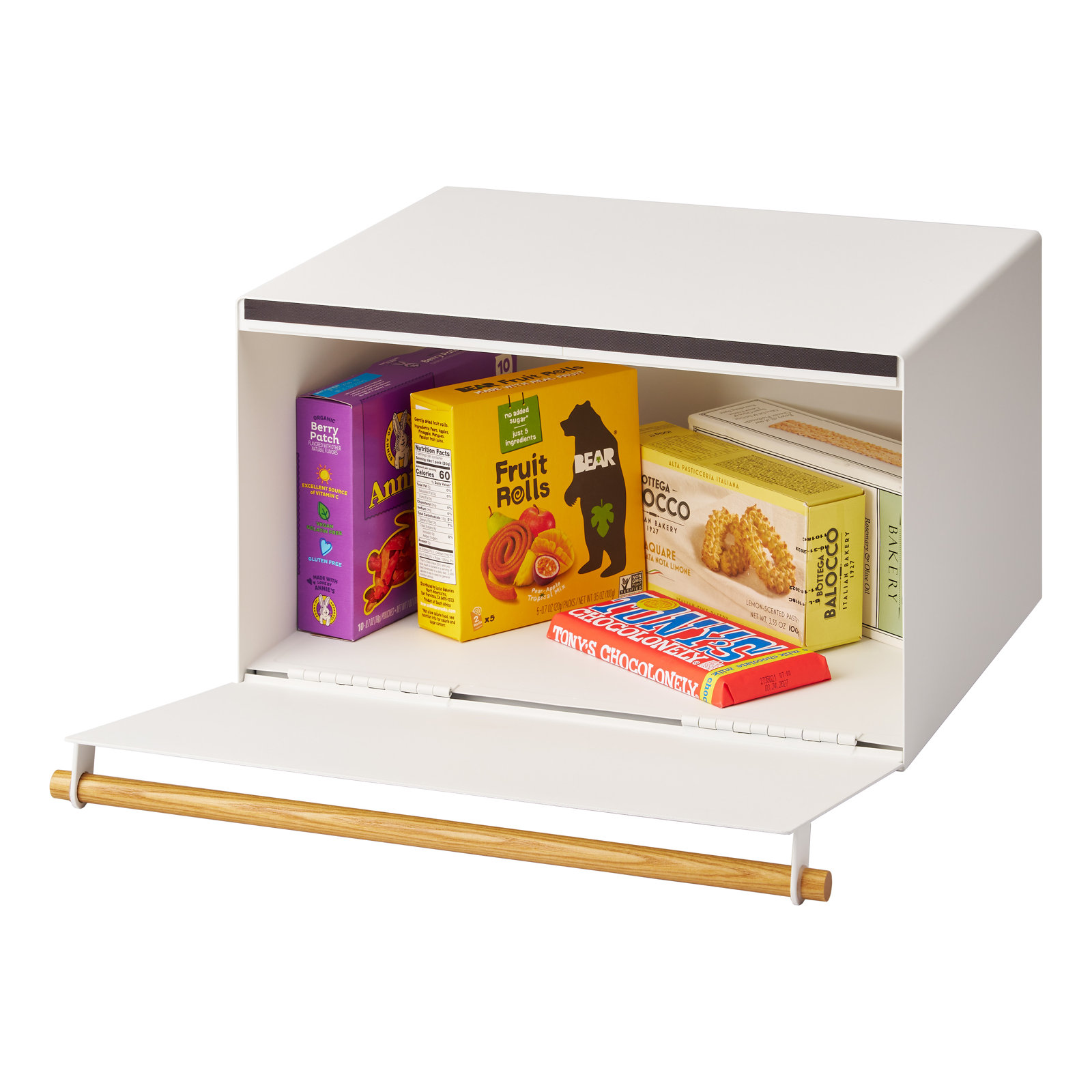 Yamazaki Home Tosca Bread Box Keeper Holder Container, Metal Bread Holder Saver - Steel - Wood, White